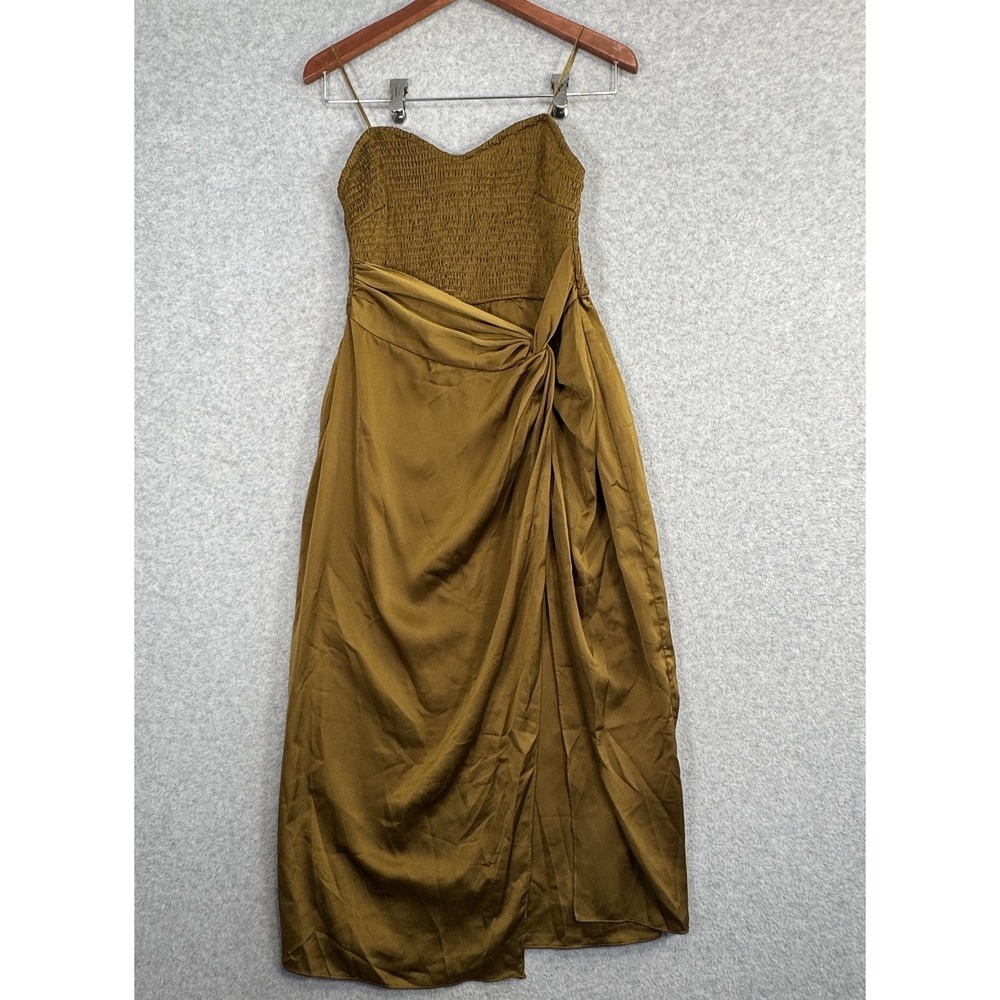 Mustard Seed Gold Smocked Bodice Spaghetti Strap Midi Dress Sz M‎ Draped Wedding